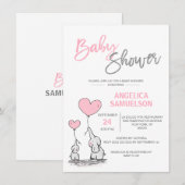 かわいいモダンな女の子のピンクのママ象とベビーシャワー 招待状 (正面/裏面)