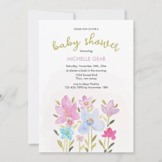 かわいいモダンな水彩画のワイルドフラワーイラスト 招待状 (正面)