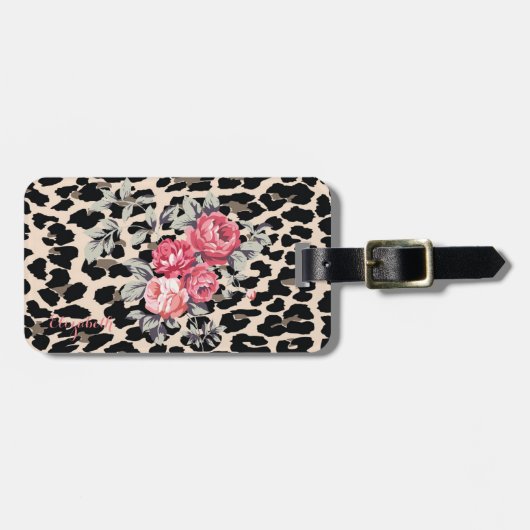 かわいいモダンな花のヒョウ柄 名前入り ラゲッジタグ (正面横)
