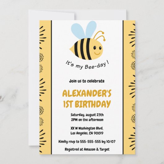 かわいいモダンな1st bee day インビテーション (正面)
