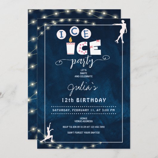 かわいいモダンアイススケートで滑る10代のガールバースデーパーティー 招待状 (正面/裏面)