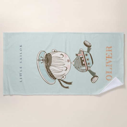 かわいいモダンアクアブルーボーイズリトルセーラー航海の ビーチタオル (正面)