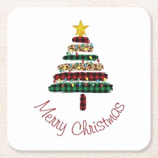 かわいいモダンアニマルプリントクリスマスツリーホリデイ スクエアペーパーコースター (正面)