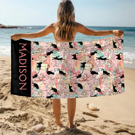 かわいいモダンウォーターカラーパリカフェキャットパーソナライズされた ビーチタオル