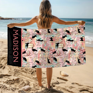 かわいいモダンウォーターカラーパリカフェキャットパーソナライズされた ビーチタオル