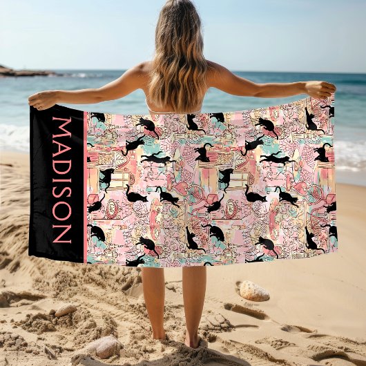 かわいいモダンウォーターカラーパリカフェキャットパーソナライズされた ビーチタオル