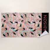 かわいいモダンウォーターカラーパリカフェキャットパーソナライズされた ビーチタオル (正面)