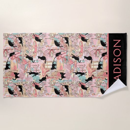 かわいいモダンウォーターカラーパリカフェキャットパーソナライズされた ビーチタオル (正面)