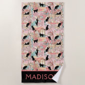 かわいいモダンウォーターカラーパリカフェキャットパーソナライズされた ビーチタオル (正面)