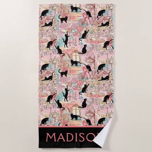 かわいいモダンウォーターカラーパリカフェキャットパーソナライズされた ビーチタオル (正面)