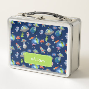 かわいいモダンエイリアンモンスターズスペースキッズスクール メタルランチボックス