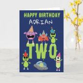 かわいいモダンエイリアンモンスター宇宙キッズ誕生日 カード (黄色い花)