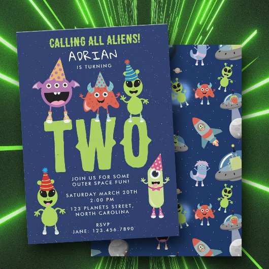 かわいいモダンエイリアンモンスター宇宙キッズ誕生日 招待状