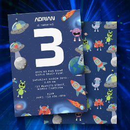 かわいいモダンエイリアンモンスター宇宙キッズ誕生日 招待状