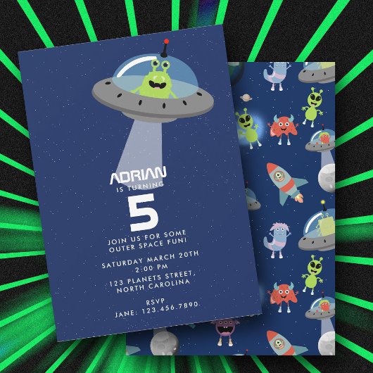 かわいいモダンエイリアンモンスター宇宙キッズ誕生日 招待状
