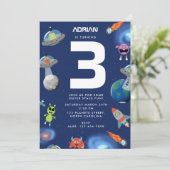 かわいいモダンエイリアンモンスター宇宙キッズ誕生日 招待状 (スタンド正面)