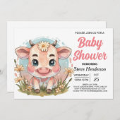 かわいいモダンカントリーファーム牛の赤ちゃんシャワー 招待状 (正面/裏面)