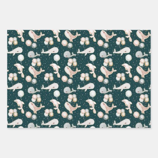 かわいいモダンクジラ動物誕生日赤ちゃんシャワー ラッピングペーパーシート (正面3)