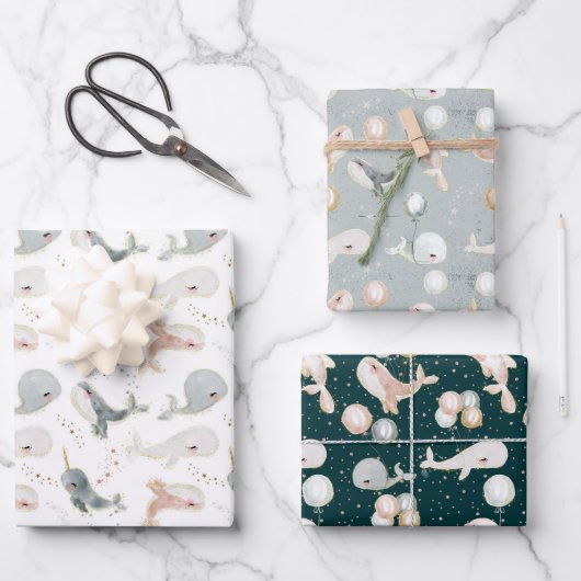 かわいいモダンクジラ動物誕生日赤ちゃんシャワー ラッピングペーパーシート (正面)