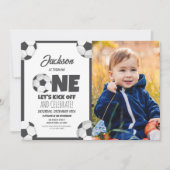 かわいいモダンサッカースポーツ写真第1誕生日 招待状 (正面)