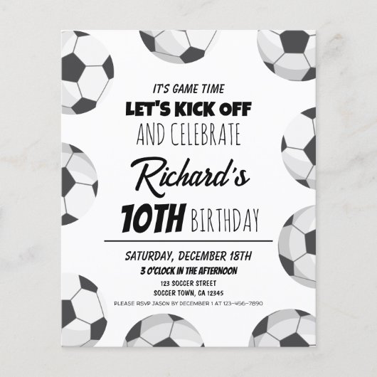 かわいいモダンサッカー予算誕生日招待状 (正面)