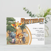 かわいいモダンサファリのベビーアニマルバースデーパーティー 招待状 (スタンド正面)