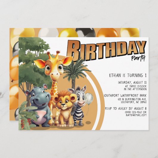 かわいいモダンサファリのベビーアニマルバースデーパーティー 招待状 (正面/裏面)