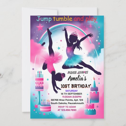 かわいいモダンジャンプ女の子の体操10th誕生日 招待状 (正面)