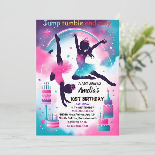 かわいいモダンジャンプ女の子の体操10th誕生日 招待状 (スタンド正面)