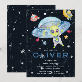 かわいいモダンスペースエイリアンUFOバースデーパーティー 招待状