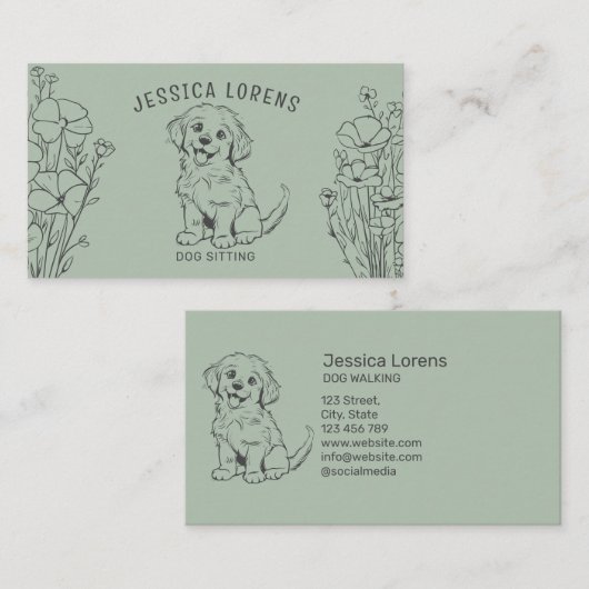 かわいいモダンセージ緑のドッグシッター、子犬のウォーカー 名刺 (正面/裏面)