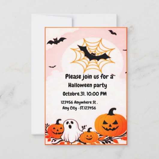 かわいいモダンハロウィーンカボチャと幽霊 招待状 (正面)