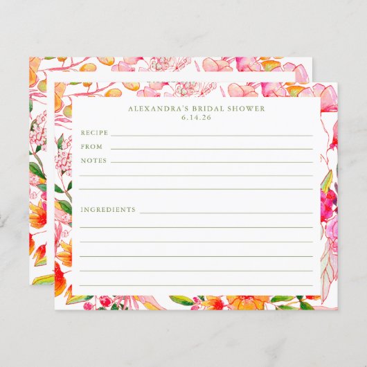 かわいいモダンピンクのオレンジ色の花シャワーレシピカード (正面/裏面)