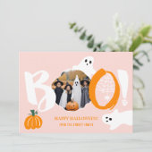 かわいいモダンピンクのブー幽霊2枚の写真ハロウィーン シーズンカード (スタンド正面)