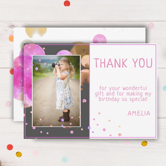 かわいいモダンピンクの泡 子供の誕生日写真 サンキューカード