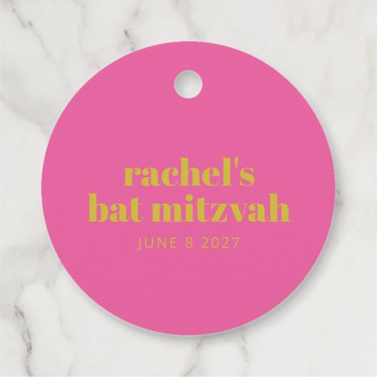 かわいいモダンピンクイエローバルミツワーパーソナライズされた フェイバータグ (裏面)