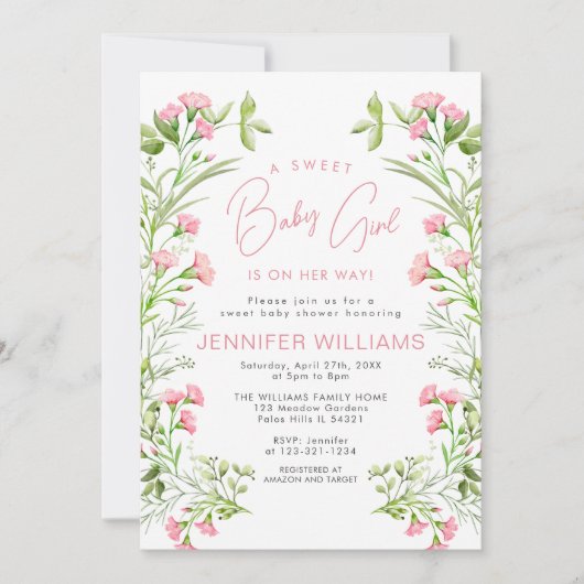 かわいいモダンピンクフローラベビーガールシャワー 招待状 (正面)