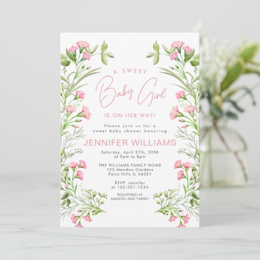 かわいいモダンピンクフローラベビーガールシャワー 招待状 (スタンド正面)