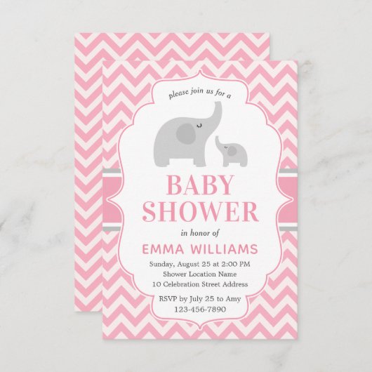 かわいいモダンピンク灰色の象の女の子の赤ちゃんシャワー 招待状 (正面/裏面)