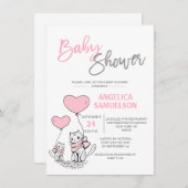 かわいいモダンピンク猫ネコちゃん女の子の赤ちゃんシャワー 招待状 (正面/裏面)