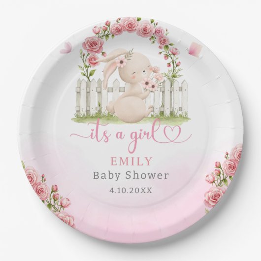 かわいいモダンフローラピンクの女の子の赤ちゃんシャワー ペーパープレート (正面)