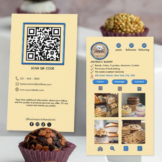 かわいいモダンベイクショップインスタグラムブルー&アイボリーホワイト 名刺