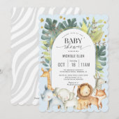 かわいいモダンベビーアニマルズサファリをテーマにした男の赤ちゃん 招待状 (正面/裏面)