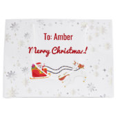 かわいいモダンユニコーンサンタパーソナライズされたネームクリスマス ラージペーパーバッグ (正面)