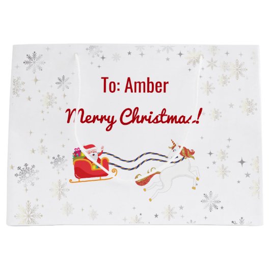 かわいいモダンユニコーンサンタパーソナライズされたネームクリスマス ラージペーパーバッグ (正面)