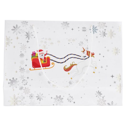 かわいいモダンユニコーンサンタパーソナライズされたネームクリスマス ラージペーパーバッグ (裏面)