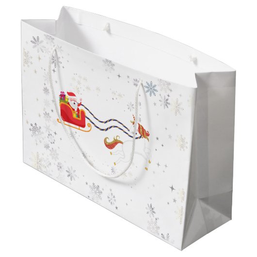 かわいいモダンユニコーンサンタパーソナライズされたネームクリスマス ラージペーパーバッグ (裏面アングル)