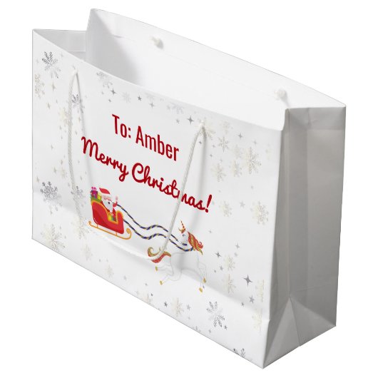 かわいいモダンユニコーンサンタパーソナライズされたネームクリスマス ラージペーパーバッグ (正面アングル)