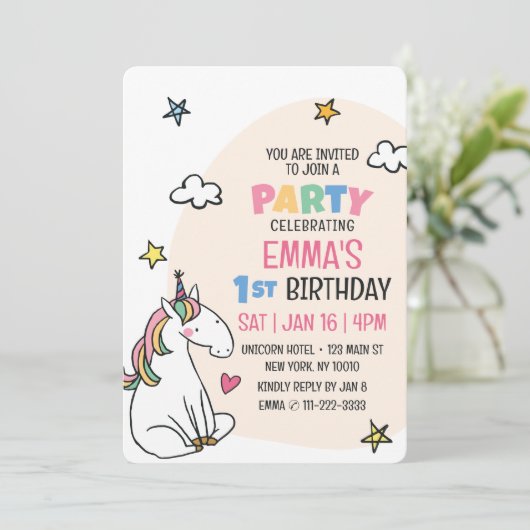 かわいいモダンユニコーン&スターズキッズバースデーパーティー 招待状 (スタンド正面)