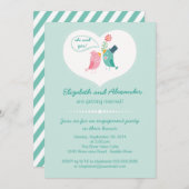 かわいいモダンラブバードハート婚約パーティ 招待状 (正面/裏面)